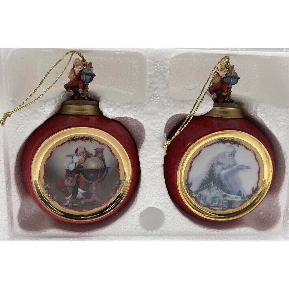 2 Norman Rockwell Santa Consulting Globe/ Santa’s Christmas List Ornaments 1998